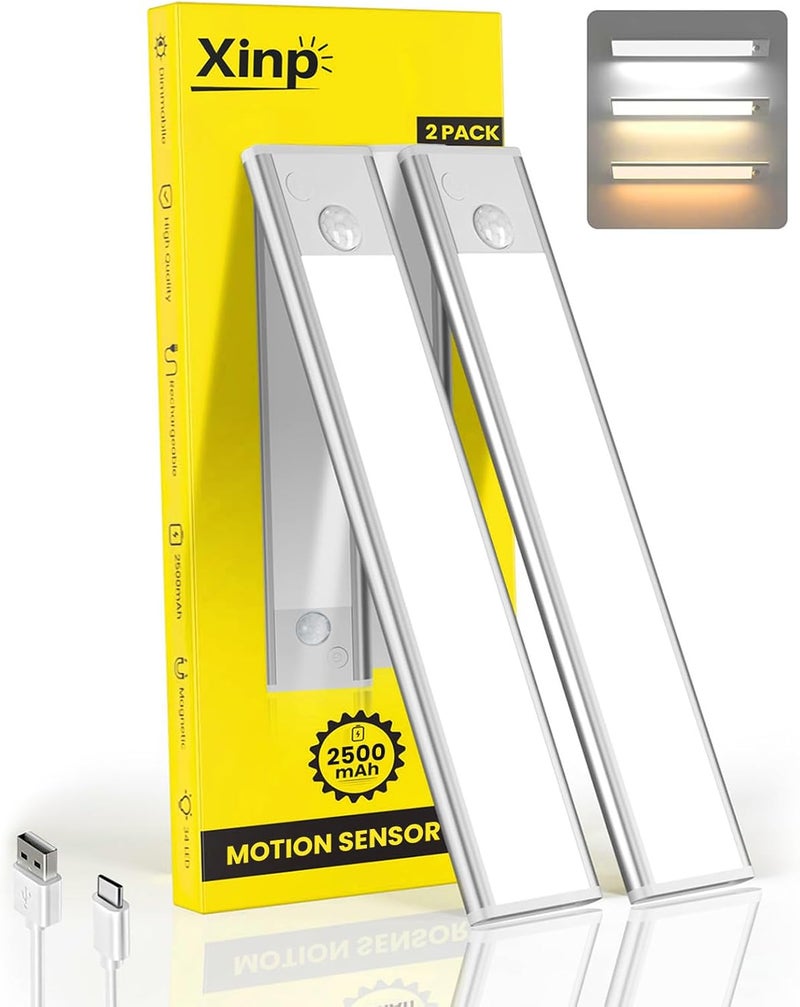 xinp 12inch Under Cabinet Lighting, 3 Color 2500mAh Magnetic Motion Activated Under Cabinet Lights, Rechargeable Closet Lights Battery Operated, Wireless Dimmable Under Counter Lights for Kitchen 2 Pack - Image 1